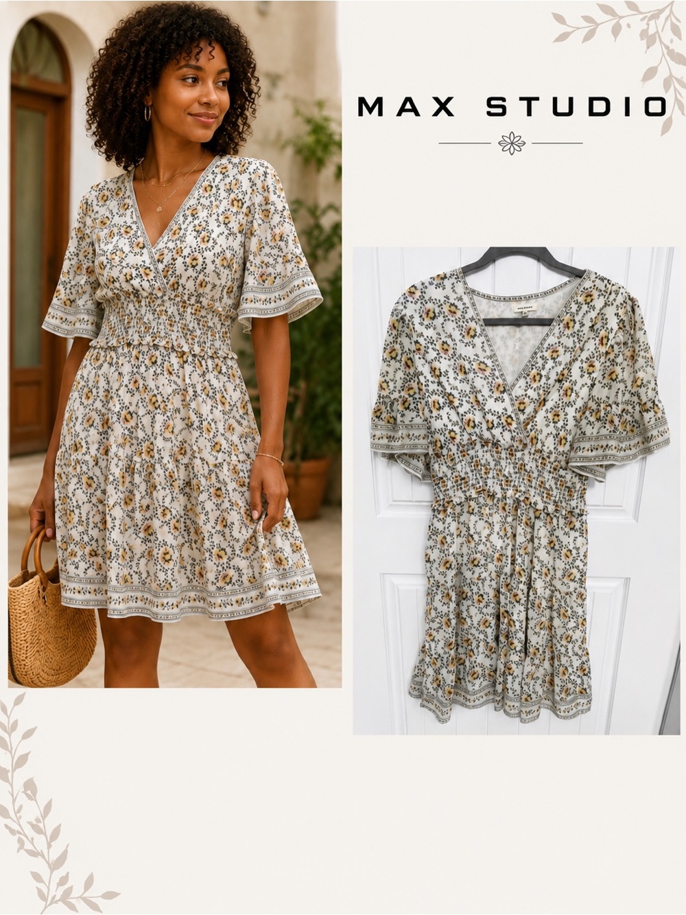Max Studio Ivory Floral Smocked Waist Flutter Sleeve Dress Size Large
